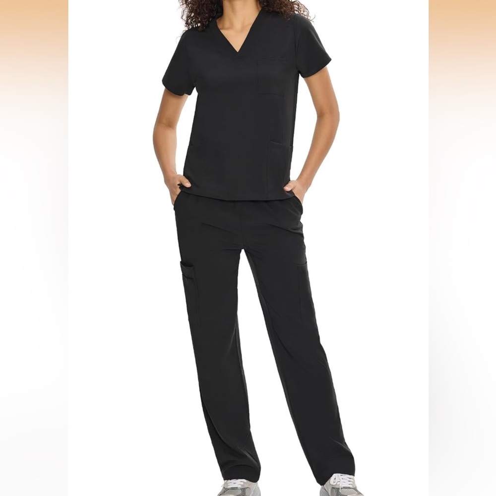 Women's V-Neck Black Medical Scrub Top & Pants Set